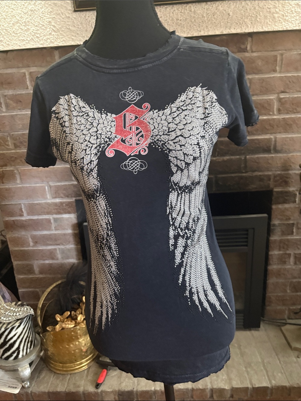 Sinful Black Tee with Silver Wing Graphic and Red Monogram